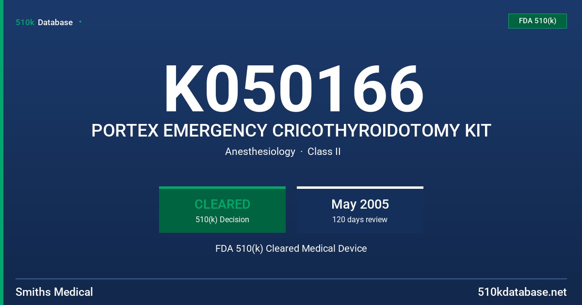 K050166 PORTEX EMERGENCY CRICOTHYROIDOTOMY KIT FDA 510(k) Cleared Medical Device