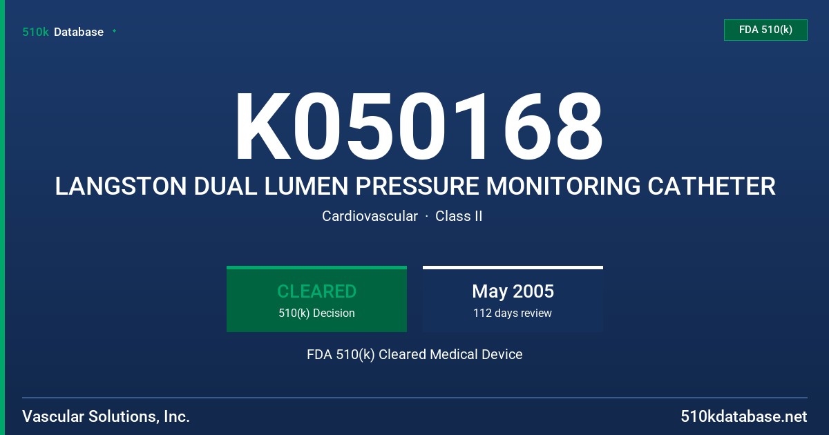 K050168 LANGSTON DUAL LUMEN PRESSURE MONITORING CATHETER FDA 510(k) Cleared Medical Device