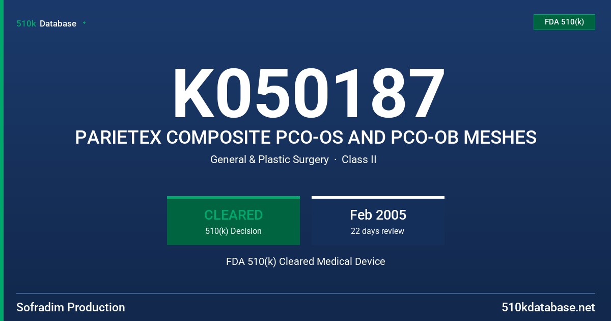 K050187 PARIETEX COMPOSITE PCO-OS AND PCO-OB MESHES FDA 510(k) Cleared Medical Device