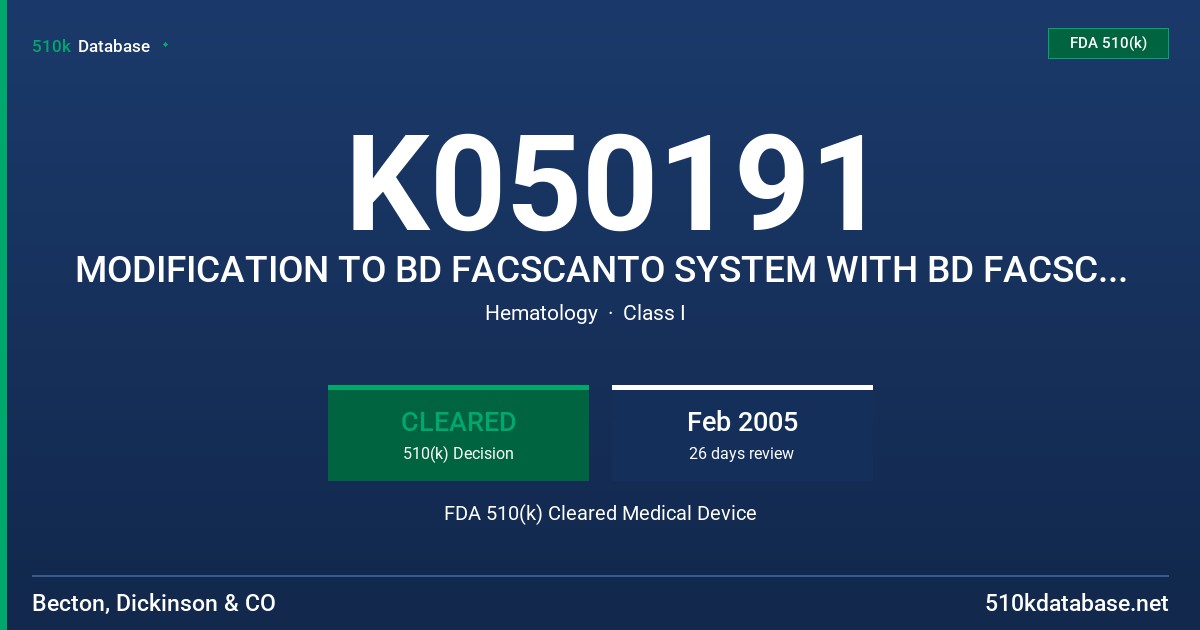 K050191 MODIFICATION TO BD FACSCANTO SYSTEM WITH BD FACSCANTO CLINICAL SOFTWARE FDA 510(k) Cleared Medical Device