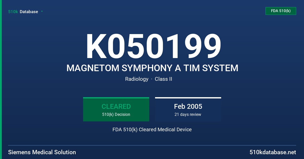 K050199 MAGNETOM SYMPHONY A TIM SYSTEM FDA 510(k) Cleared Medical Device