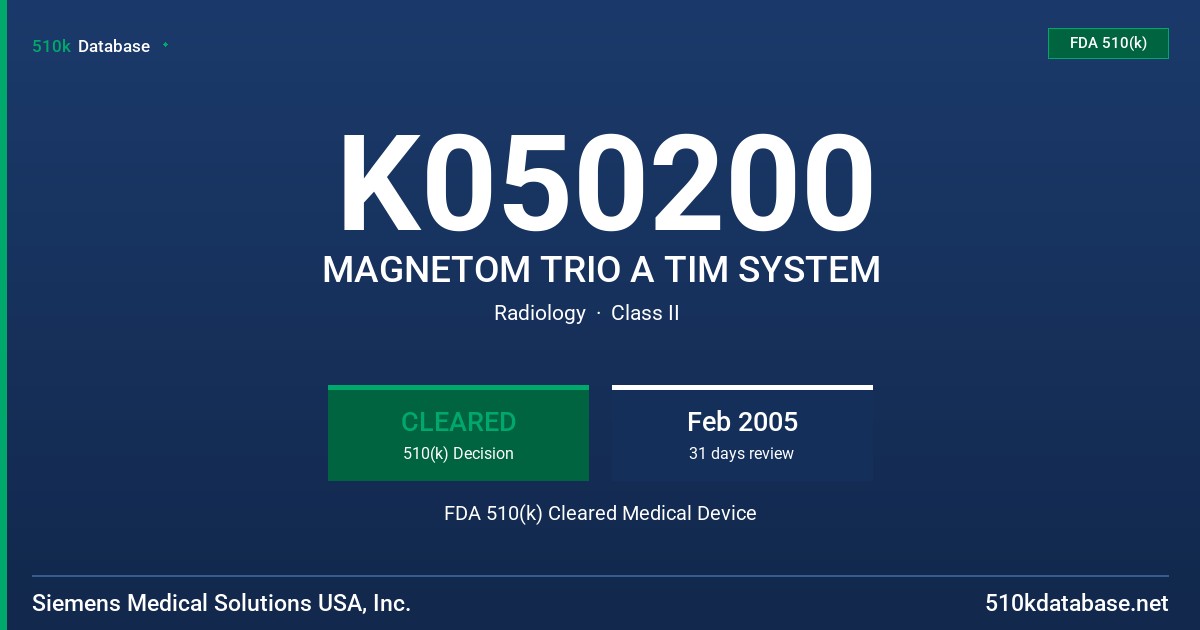 K050200 MAGNETOM TRIO A TIM SYSTEM FDA 510(k) Cleared Medical Device