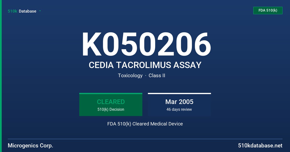 K050206 CEDIA TACROLIMUS ASSAY FDA 510(k) Cleared Medical Device
