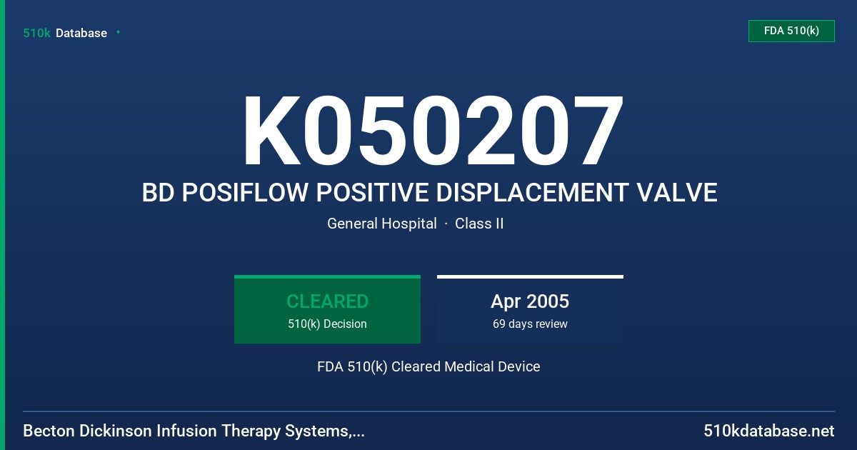 K050207 BD POSIFLOW POSITIVE DISPLACEMENT VALVE FDA 510(k) Cleared Medical Device