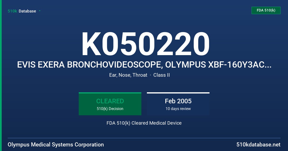 K050220 EVIS EXERA BRONCHOVIDEOSCOPE, OLYMPUS XBF-160Y3AC, XBF-1T160Y3AC,XBF-Q160Y2AC FDA 510(k) Cleared Medical Device