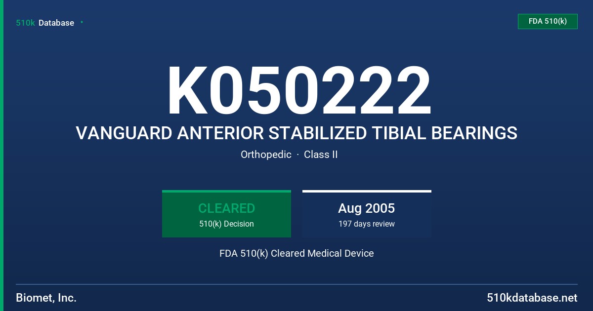 K050222 VANGUARD ANTERIOR STABILIZED TIBIAL BEARINGS FDA 510(k) Cleared Medical Device