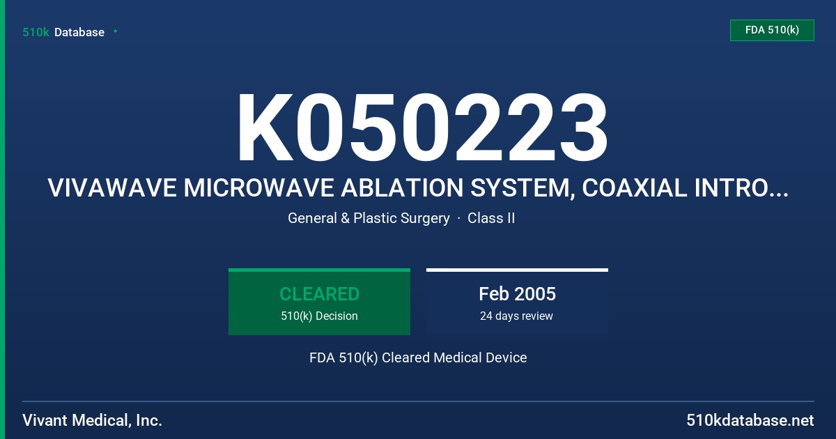 K050223 VIVAWAVE MICROWAVE ABLATION SYSTEM, COAXIAL INTRODUCER FDA 510(k) Cleared Medical Device