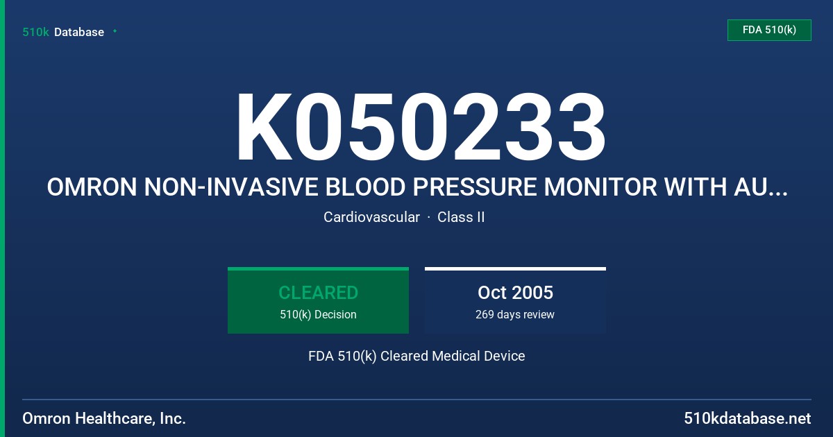 K050233 OMRON NON-INVASIVE BLOOD PRESSURE MONITOR WITH AUGMENTATION INDEX, MODEL HEM-9000AI FDA 510(k) Cleared Medical Device