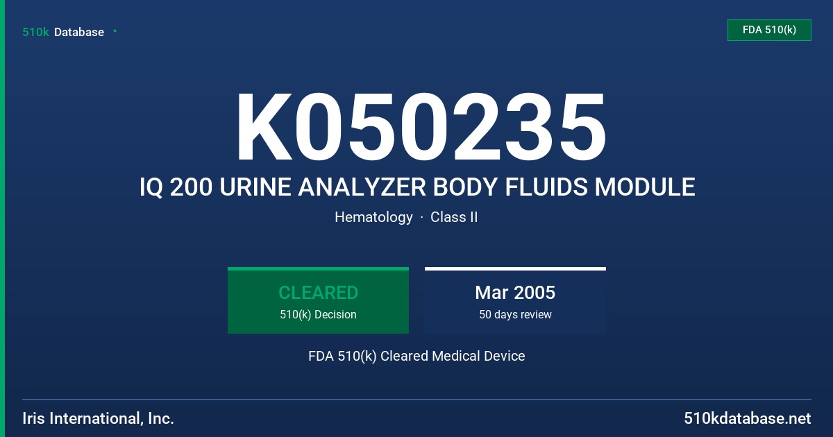 K050235 IQ 200 URINE ANALYZER BODY FLUIDS MODULE FDA 510(k) Cleared Medical Device