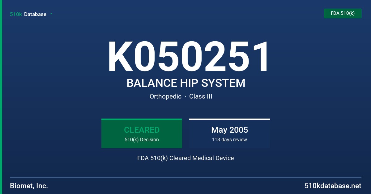 K050251 BALANCE HIP SYSTEM FDA 510(k) Cleared Medical Device