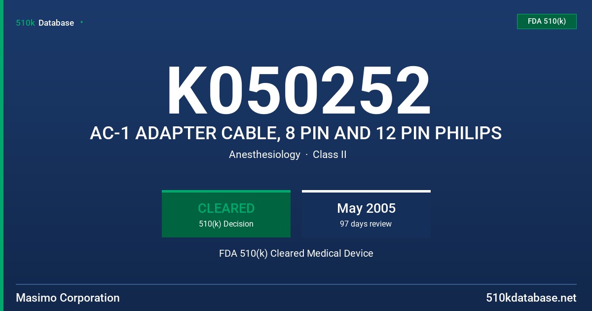 K050252 AC-1 ADAPTER CABLE, 8 PIN AND 12 PIN PHILIPS FDA 510(k) Cleared Medical Device