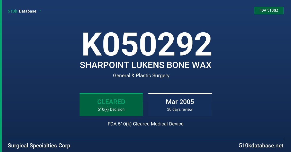 K050292 SHARPOINT LUKENS BONE WAX FDA 510(k) Cleared Medical Device
