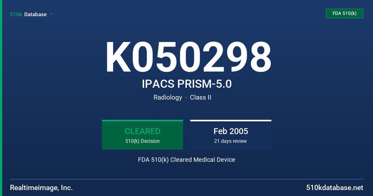 K050298 IPACS PRISM-5.0 FDA 510(k) Cleared Medical Device