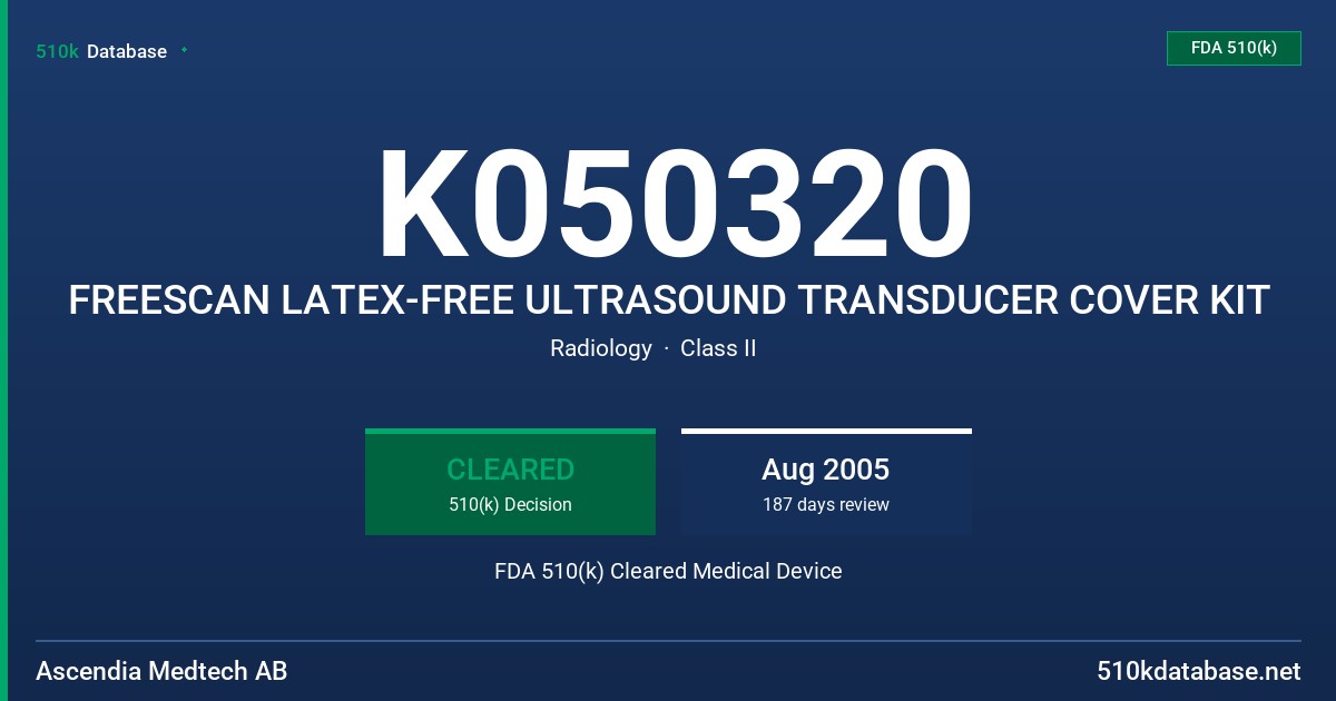 K050320 FREESCAN LATEX-FREE ULTRASOUND TRANSDUCER COVER KIT FDA 510(k) Cleared Medical Device