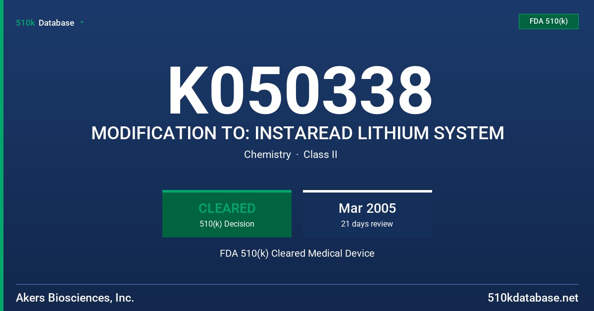 K050338 MODIFICATION TO: INSTAREAD LITHIUM SYSTEM FDA 510(k) Cleared Medical Device