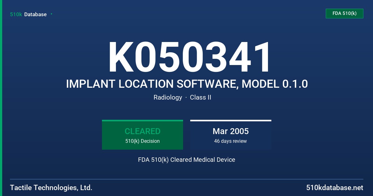 K050341 IMPLANT LOCATION SOFTWARE, MODEL 0.1.0 FDA 510(k) Cleared Medical Device