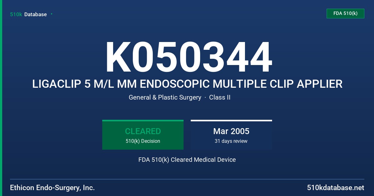 K050344 LIGACLIP 5 M/L MM ENDOSCOPIC MULTIPLE CLIP APPLIER FDA 510(k) Cleared Medical Device