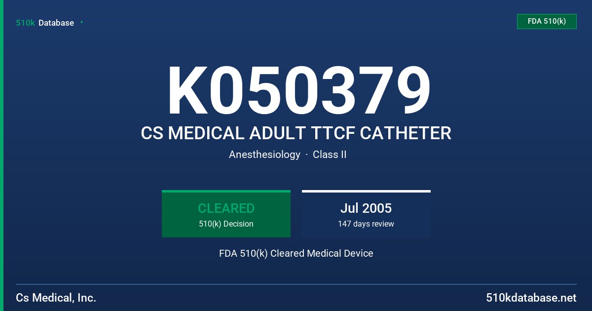 K050379 CS MEDICAL ADULT TTCF CATHETER FDA 510(k) Cleared Medical Device