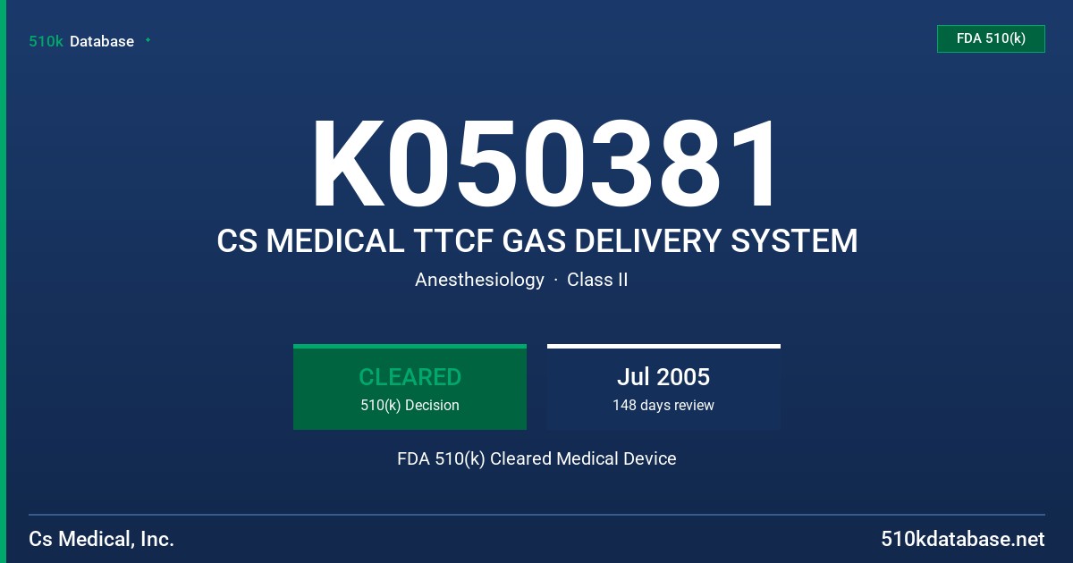 K050381 CS MEDICAL TTCF GAS DELIVERY SYSTEM FDA 510(k) Cleared Medical Device