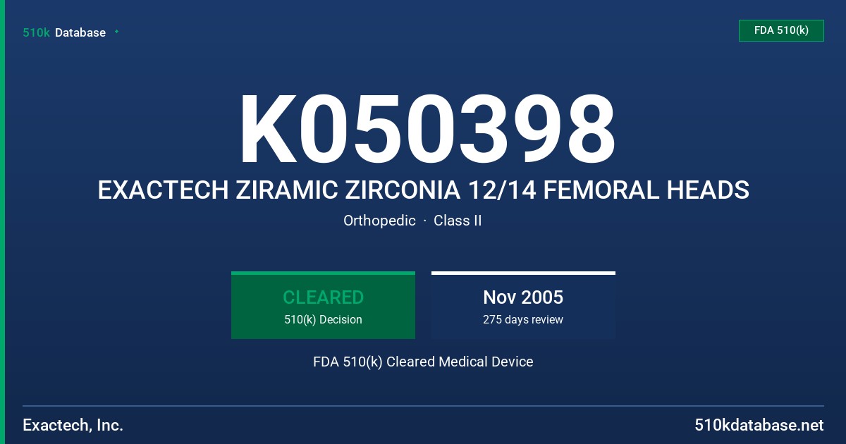 K050398 EXACTECH ZIRAMIC ZIRCONIA 12/14 FEMORAL HEADS FDA 510(k) Cleared Medical Device