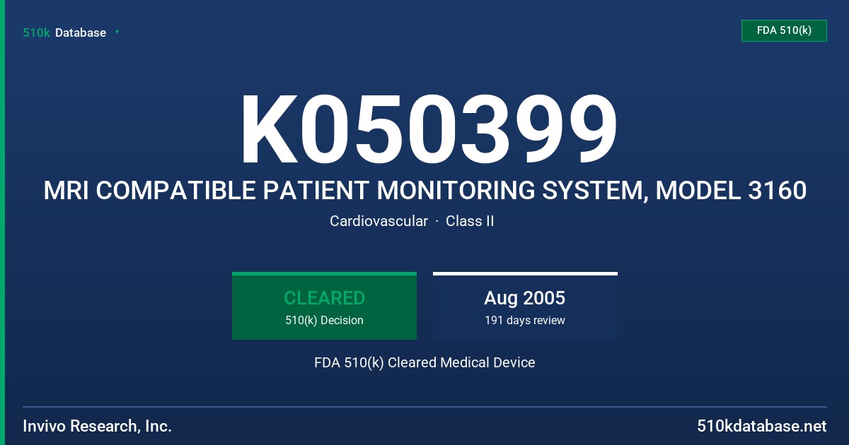 K050399 MRI COMPATIBLE PATIENT MONITORING SYSTEM, MODEL 3160 FDA 510(k) Cleared Medical Device
