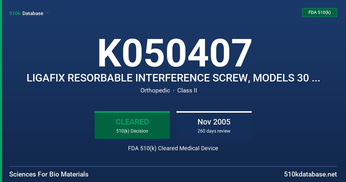 K050407 LIGAFIX RESORBABLE INTERFERENCE SCREW, MODELS 30 AND 60 FDA 510(k) Cleared Medical Device