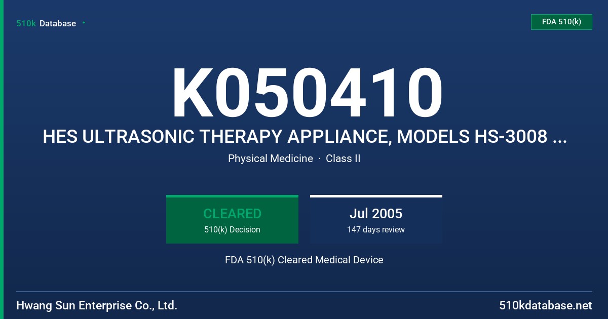 K050410 HES ULTRASONIC THERAPY APPLIANCE, MODELS HS-3008 (1MHZ), HS3026 (2MHZ), HS-3040 (3MHZ) FDA 510(k) Cleared Medical Device