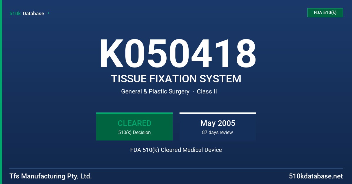 K050418 TISSUE FIXATION SYSTEM FDA 510(k) Cleared Medical Device
