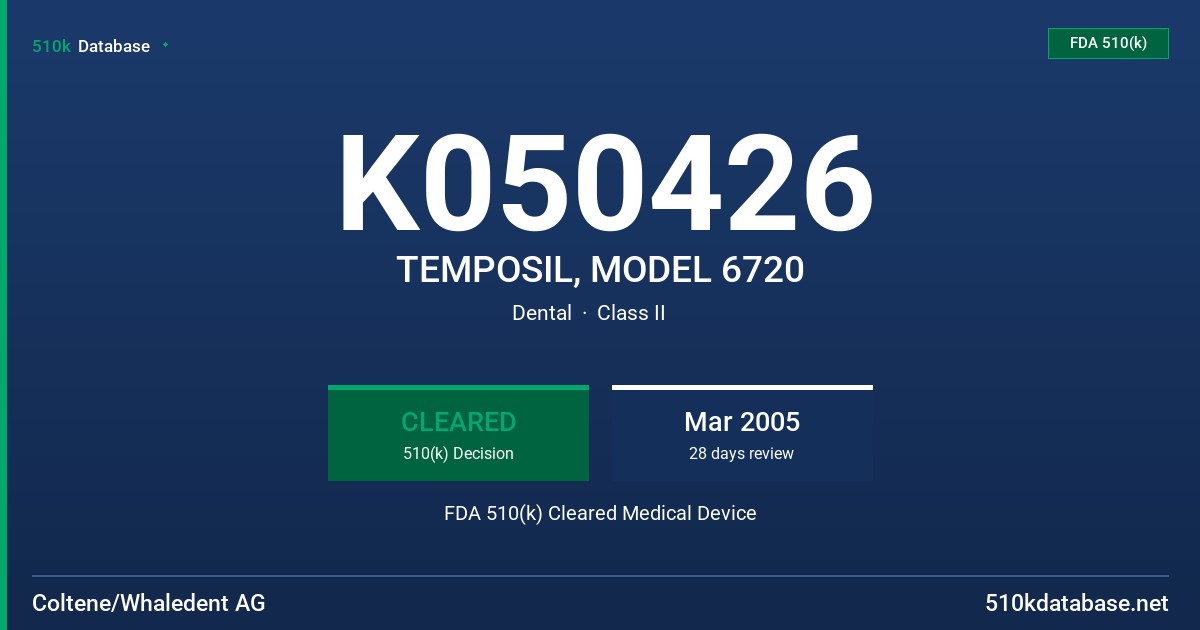 K050426 TEMPOSIL, MODEL 6720 FDA 510(k) Cleared Medical Device
