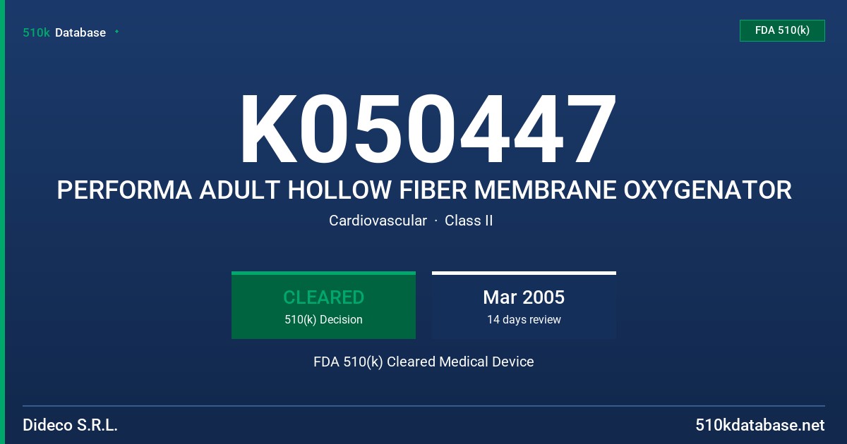 K050447 PERFORMA ADULT HOLLOW FIBER MEMBRANE OXYGENATOR FDA 510(k) Cleared Medical Device