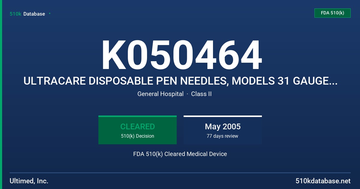 K050464 ULTRACARE DISPOSABLE PEN NEEDLES, MODELS 31 GAUGE X3/16, 29 GAUGE X 1/2 FDA 510(k) Cleared Medical Device