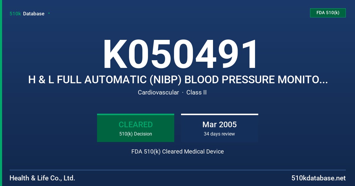 K050491 H & L FULL AUTOMATIC (NIBP) BLOOD PRESSURE MONITOR, MODELS HL888KA, HL888LF & HL888IF FDA 510(k) Cleared Medical Device