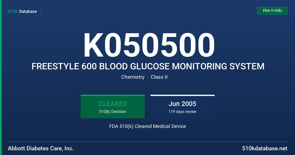 K050500 FREESTYLE 600 BLOOD GLUCOSE MONITORING SYSTEM FDA 510(k) Cleared Medical Device