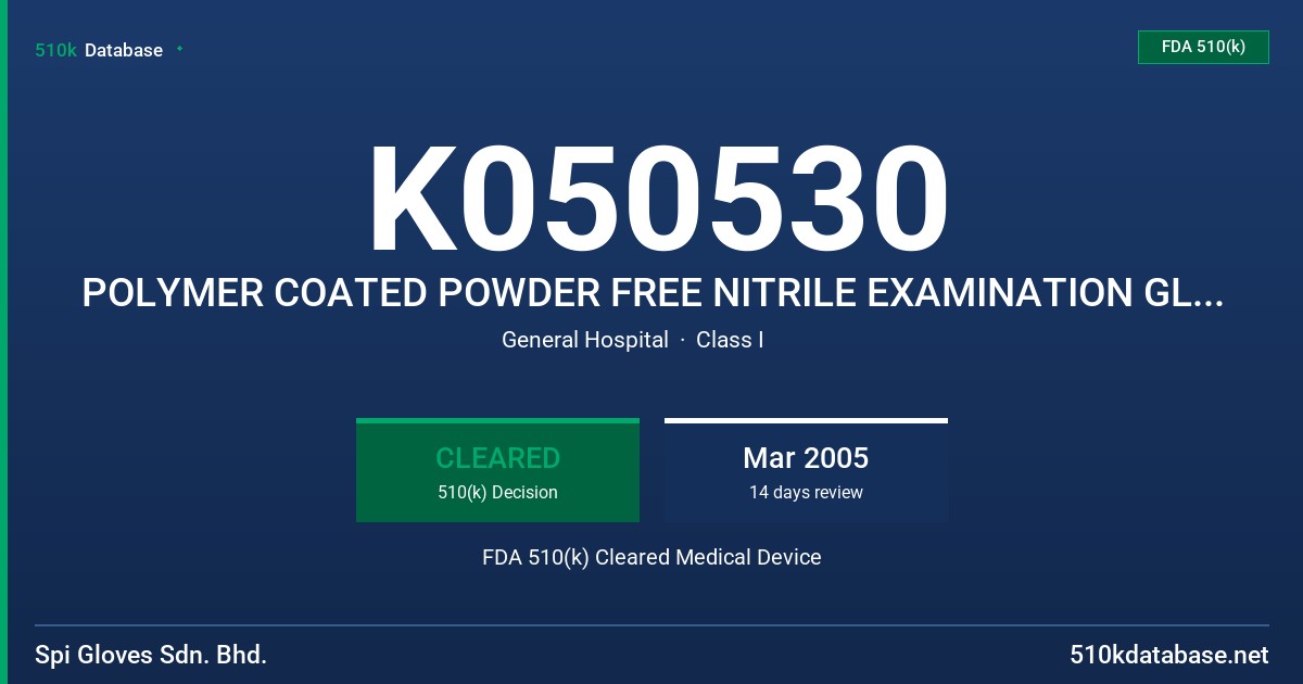 K050530 POLYMER COATED POWDER FREE NITRILE EXAMINATION GLOVES (BLUE,WHITE,VIOLET, PINK,GREEN) FDA 510(k) Cleared Medical Device
