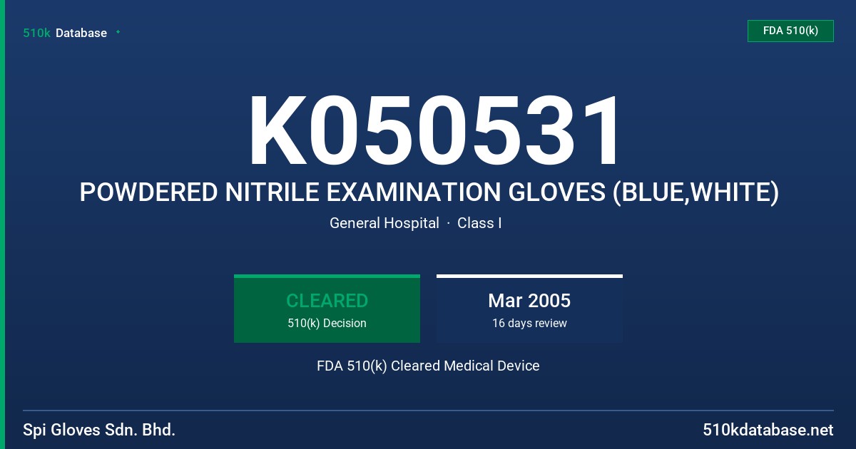 K050531 POWDERED NITRILE EXAMINATION GLOVES (BLUE,WHITE) FDA 510(k) Cleared Medical Device