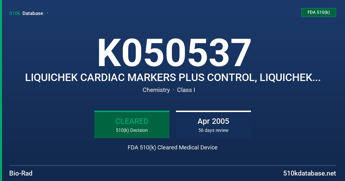 K050537 LIQUICHEK CARDIAC MARKERS PLUS CONTROL, LIQUICHEK CARDIAC MARKERS PLUS CONTROL LT, LIQUICHEK CARDIAC MARKERS PLUS FDA 510(k) Cleared Medical Device