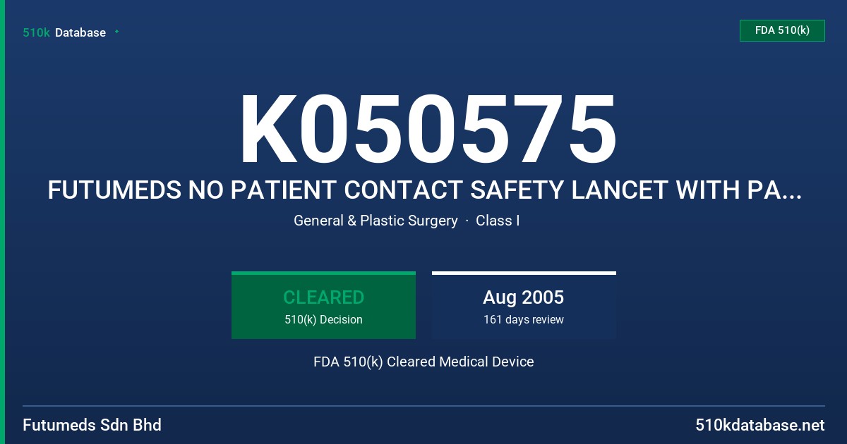 K050575 FUTUMEDS NO PATIENT CONTACT SAFETY LANCET WITH PALS SYSTEM FDA 510(k) Cleared Medical Device