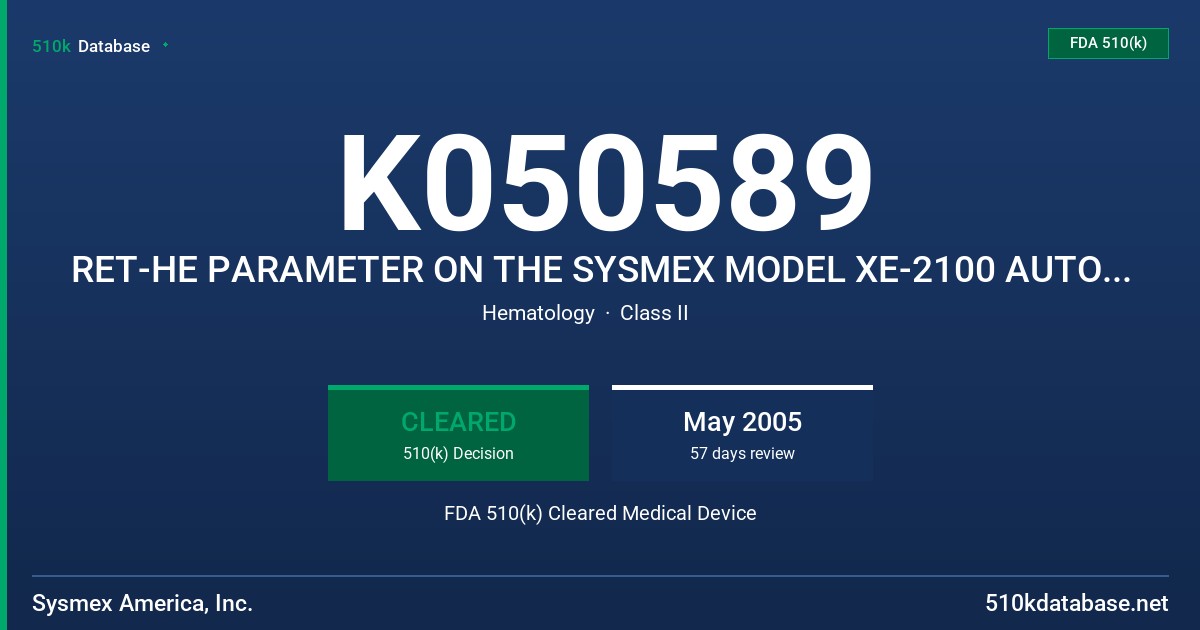 K050589 RET-HE PARAMETER ON THE SYSMEX MODEL XE-2100 AUTOMATED HEMATOLOGY ANALYZER FDA 510(k) Cleared Medical Device