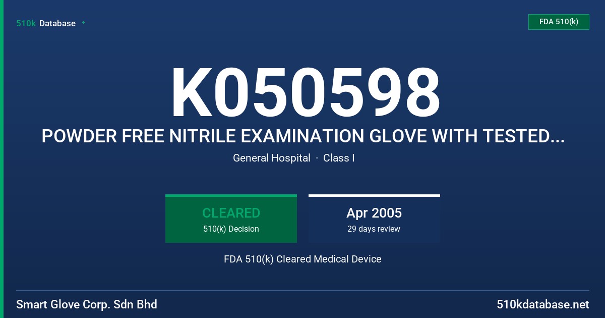 K050598 POWDER FREE NITRILE EXAMINATION GLOVE WITH TESTED FOR USE WITH CHEMOTHERAPY DRUGS LABELING CLAIM (BLUE) FDA 510(k) Cleared Medical Device
