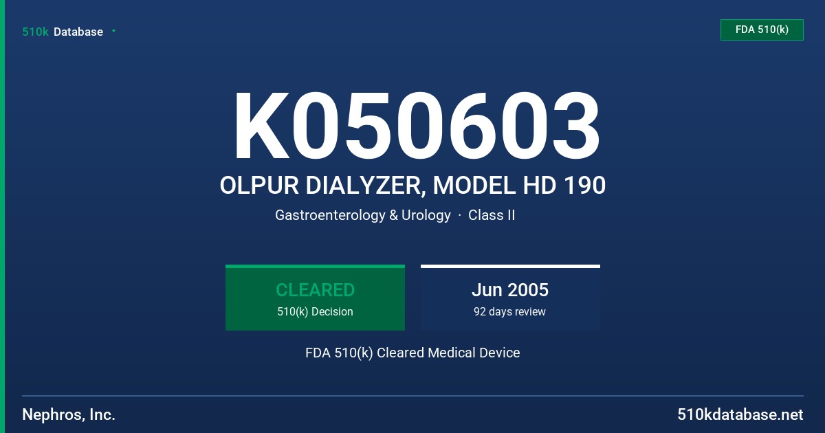 K050603 OLPUR DIALYZER, MODEL HD 190 FDA 510(k) Cleared Medical Device