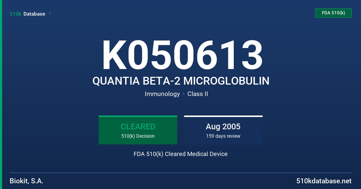 K050613 QUANTIA BETA-2 MICROGLOBULIN FDA 510(k) Cleared Medical Device
