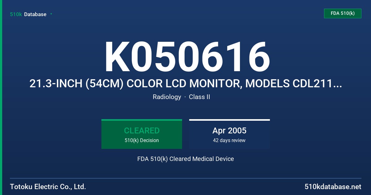 K050616 21.3-INCH (54CM) COLOR LCD MONITOR, MODELS CDL2113A, CCL250I & DV2MC-HB FDA 510(k) Cleared Medical Device