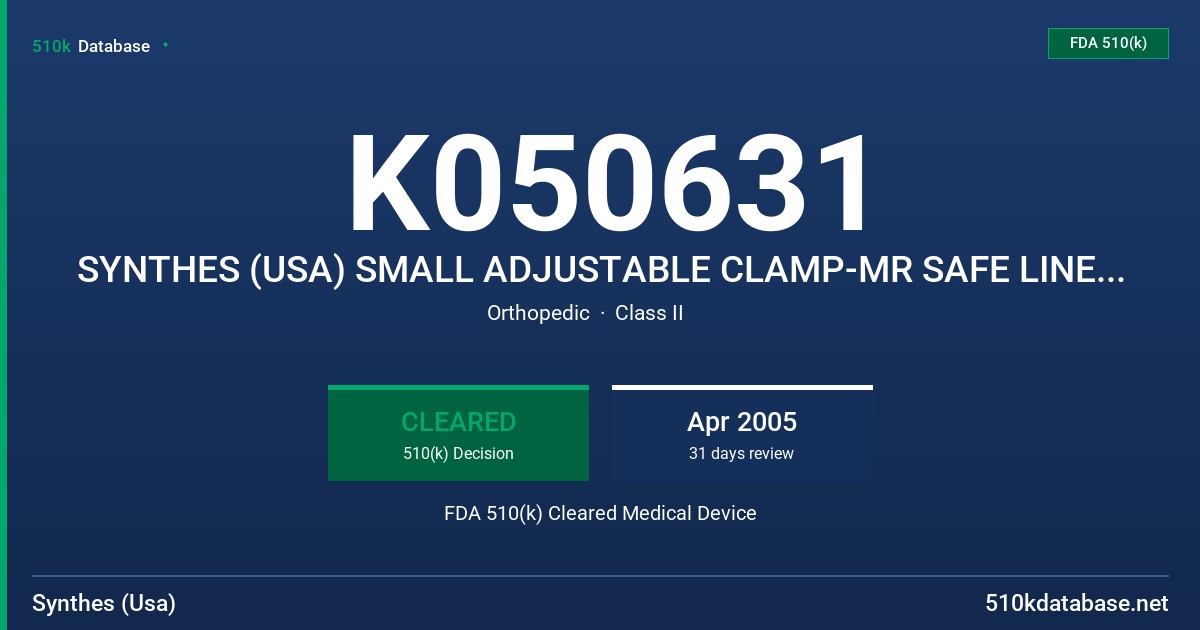 K050631 SYNTHES (USA) SMALL ADJUSTABLE CLAMP-MR SAFE LINE EXTENSION FDA 510(k) Cleared Medical Device
