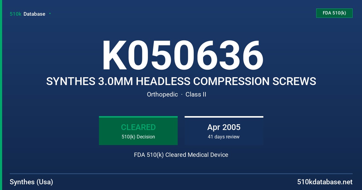 K050636 SYNTHES 3.0MM HEADLESS COMPRESSION SCREWS FDA 510(k) Cleared Medical Device