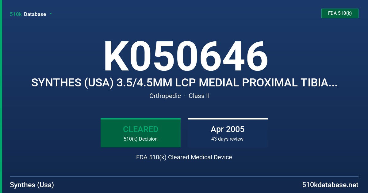 K050646 SYNTHES (USA) 3.5/4.5MM LCP MEDIAL PROXIMAL TIBIA PLATES FDA 510(k) Cleared Medical Device