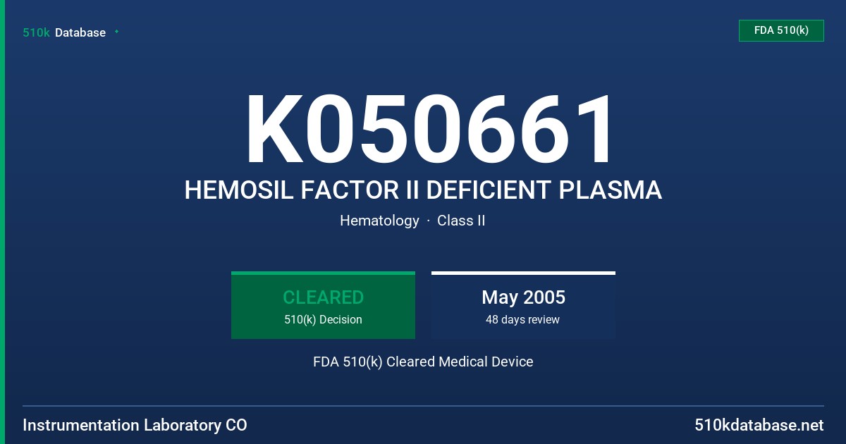 K050661 HEMOSIL FACTOR II DEFICIENT PLASMA FDA 510(k) Cleared Medical Device
