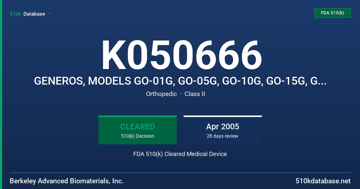K050666 GENEROS, MODELS GO-01G, GO-05G, GO-10G, GO-15G, GO-20G, GO-30G, GO-40G, GO-60G, GO-XYZ SERIES, GO-DZ SERIES FDA 510(k) Cleared Medical Device