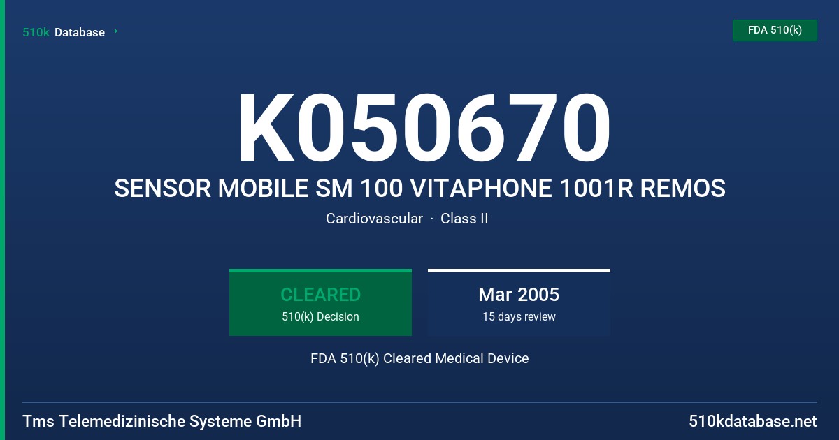 K050670 SENSOR MOBILE SM 100 VITAPHONE 1001R REMOS FDA 510(k) Cleared Medical Device