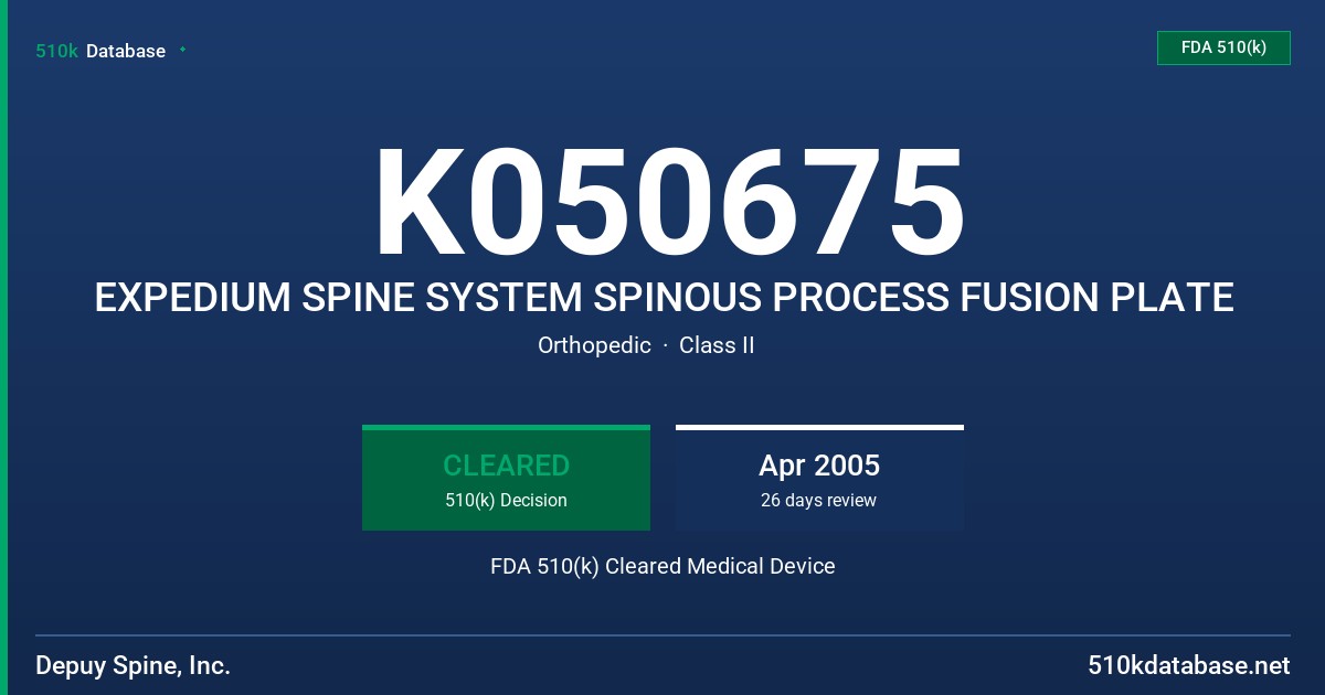 K050675 EXPEDIUM SPINE SYSTEM SPINOUS PROCESS FUSION PLATE FDA 510(k) Cleared Medical Device