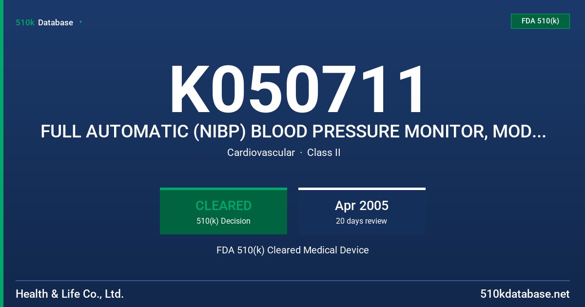K050711 FULL AUTOMATIC (NIBP) BLOOD PRESSURE MONITOR, MODEL HL168JT FDA 510(k) Cleared Medical Device